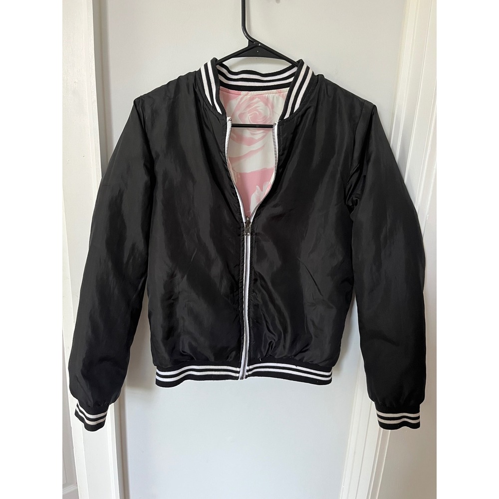 Forever 21 Girls Reversible Bomber Jacket Black Pink Rose Floral Print Size 8-10